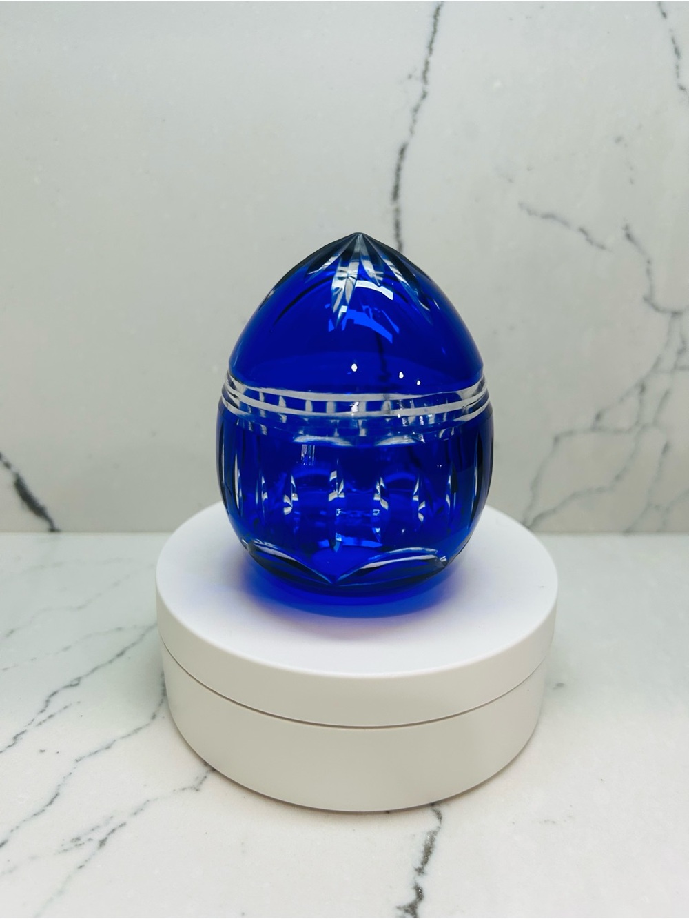 Vintage cobalt blue cut-to-clear crystal egg